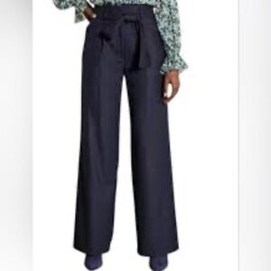 Boden Tie Waist Wide Leg High-Waisted Trousers Navy Blue, Size 12, Office Style